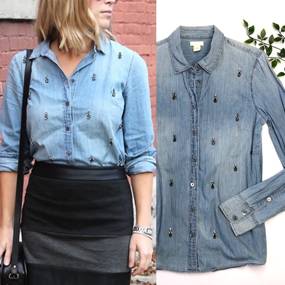 J. Crew Tops - J Crew Collection Jeweled Chambray Shirt